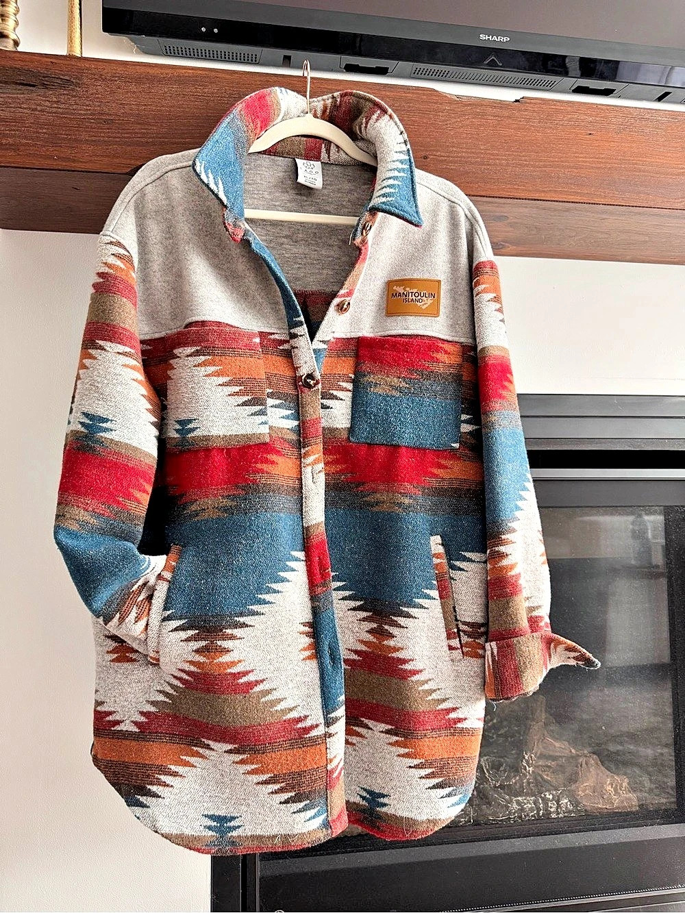 Manitoulin Island CARS2250 Geometric Wool Blend Coat in Gray & Red XL